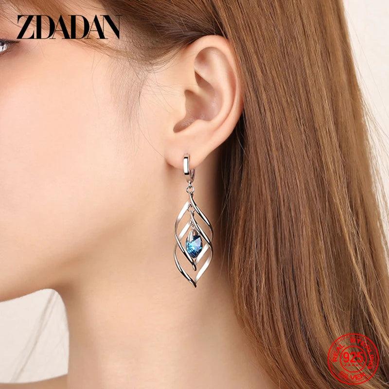 925 Sterling Silver Blue Crystal Necklace Earring Set for Women Fashion Wedding Jewelry Party Gift