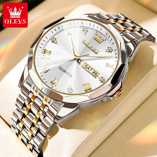 Luxury Silver Watches for Men Gold and Silver Stainless Steel Large Face Men Watch with Day Date Dress Waterproof Classic Diamond Men'S Wrist Watches Fashion Luminous