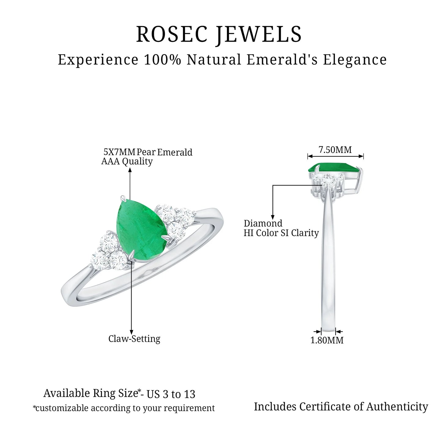 Pear Shape Emerald Solitaire Ring with Diamond for Women - 5X7 Mm (AAA Grade), 925 Sterling Silver, US 4.50