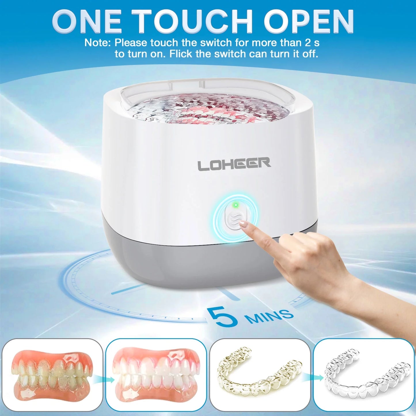 Ultrasonic Jewelry Cleaner,  45Khz Ultrasonic Retainer Cleaner for Dental, Mouth Guard, Ring