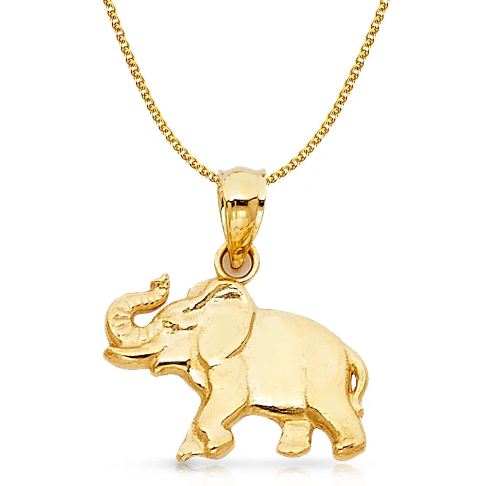 14K Yellow Gold Elephant Charm Pendant with 1.4Mm Flat Open Wheat Chain Necklace - 20"