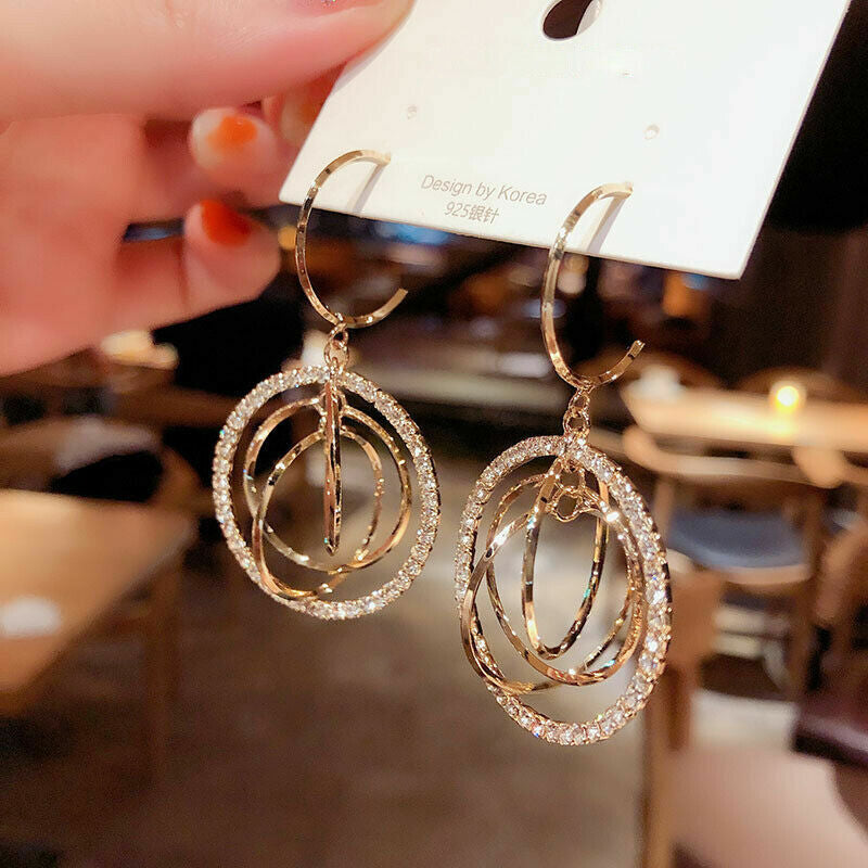 Silver Plated Gold Crystal Circles Earrings Hoop Drop Women Jewelry Lab-Created